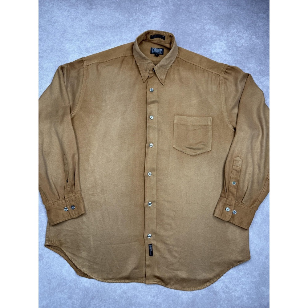 VTG DKNY Shirt Mens XL Brown Button Long Sleeve Faux Suede Pocket 90s Minimalist